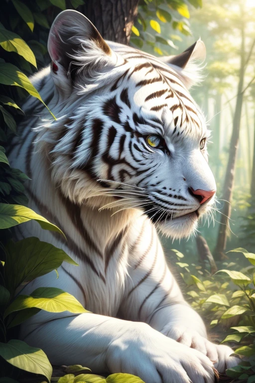 the white tiger,Extremely detailed eyes and face,(Best quality at best,4K,8K,A high resolution,tmasterpiece:1.2),ultra - detailed,actual:1.37,HighDynamicRange,hyper HD,Studio lighting,Ultra-fine painting,Focus sharp,physically-based renderingt,Extremely detailed description,professional,vivd colour,bokeh,in illustration,forest scape,White fur,Vivid Contrast,soft sun light,Artistic brushstrokes
