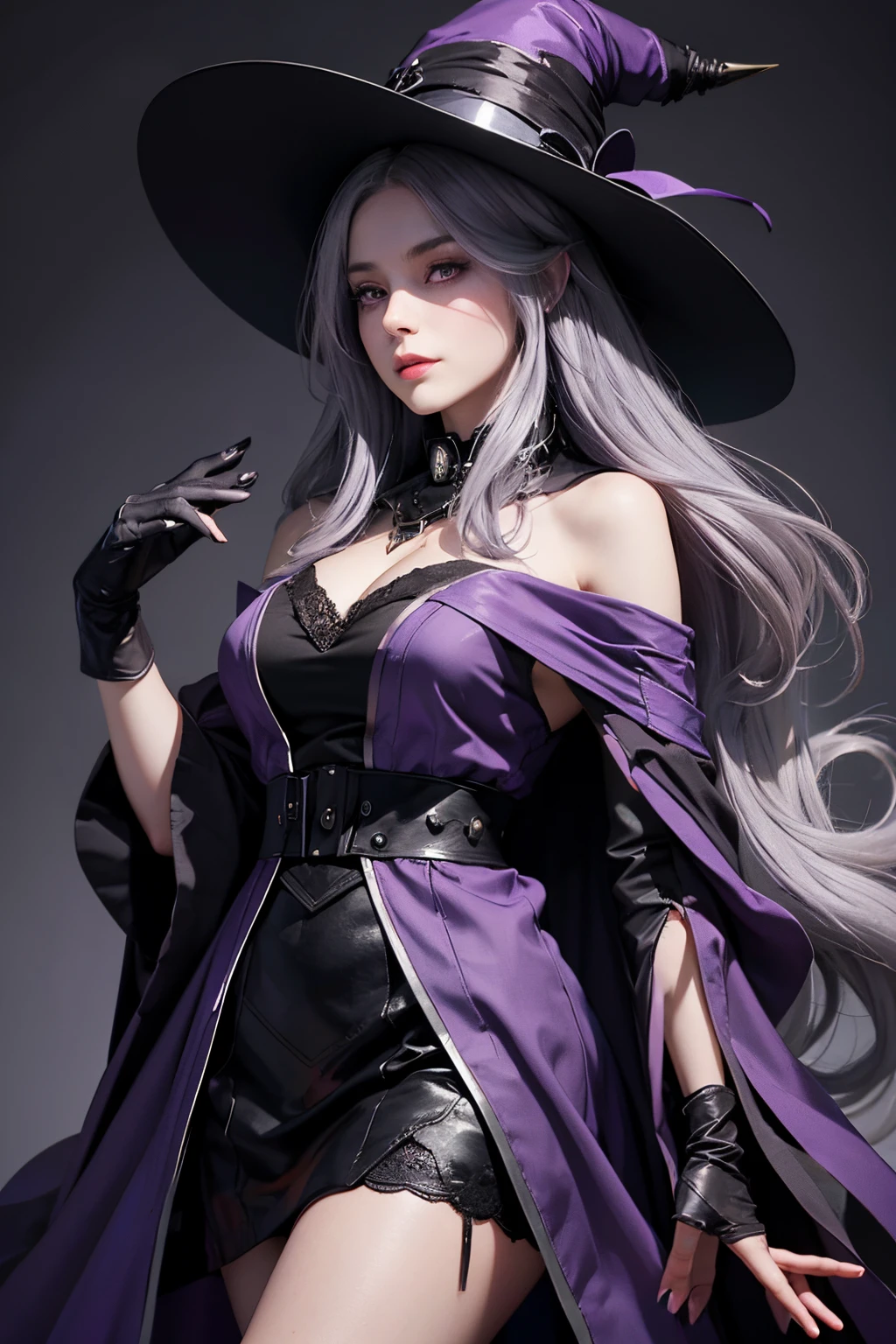 Female sorceress,grey hair,long hair,black and dark violet hat,purple eye,dark violet collar,black shoulder cloak,black and dark violet and purple dress and gloves