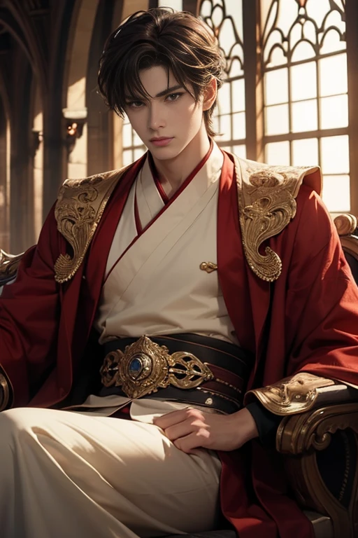 "Dark and epic atmosphere. mature male，with short brown hair, figure eight bangs，sharp golden eyes,He exudes the majesty of an emperor."Elegant details of the dress，Hisui，Topaz，super ! He is with his little brother !