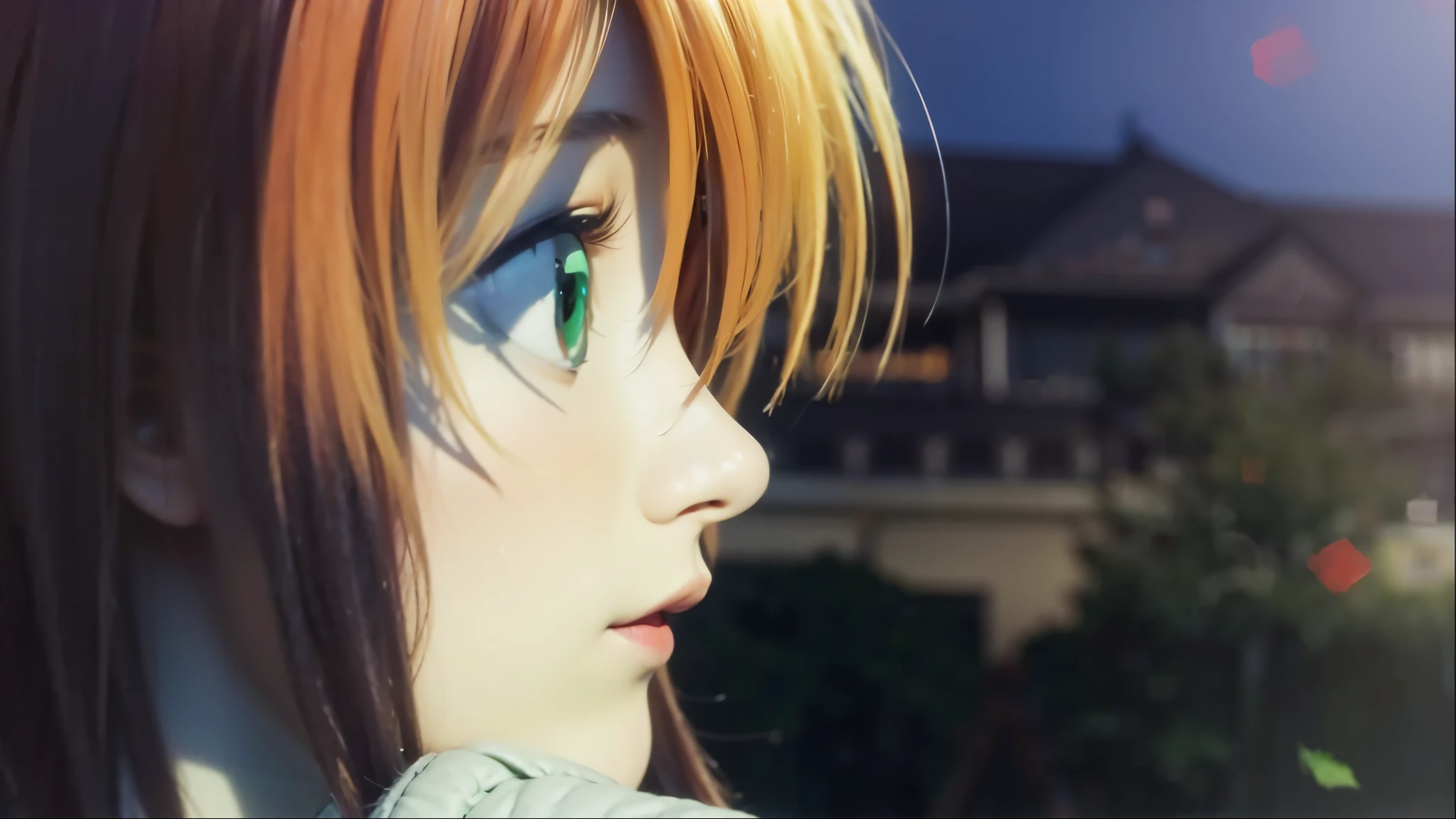 Girl, orange long hair, green eye