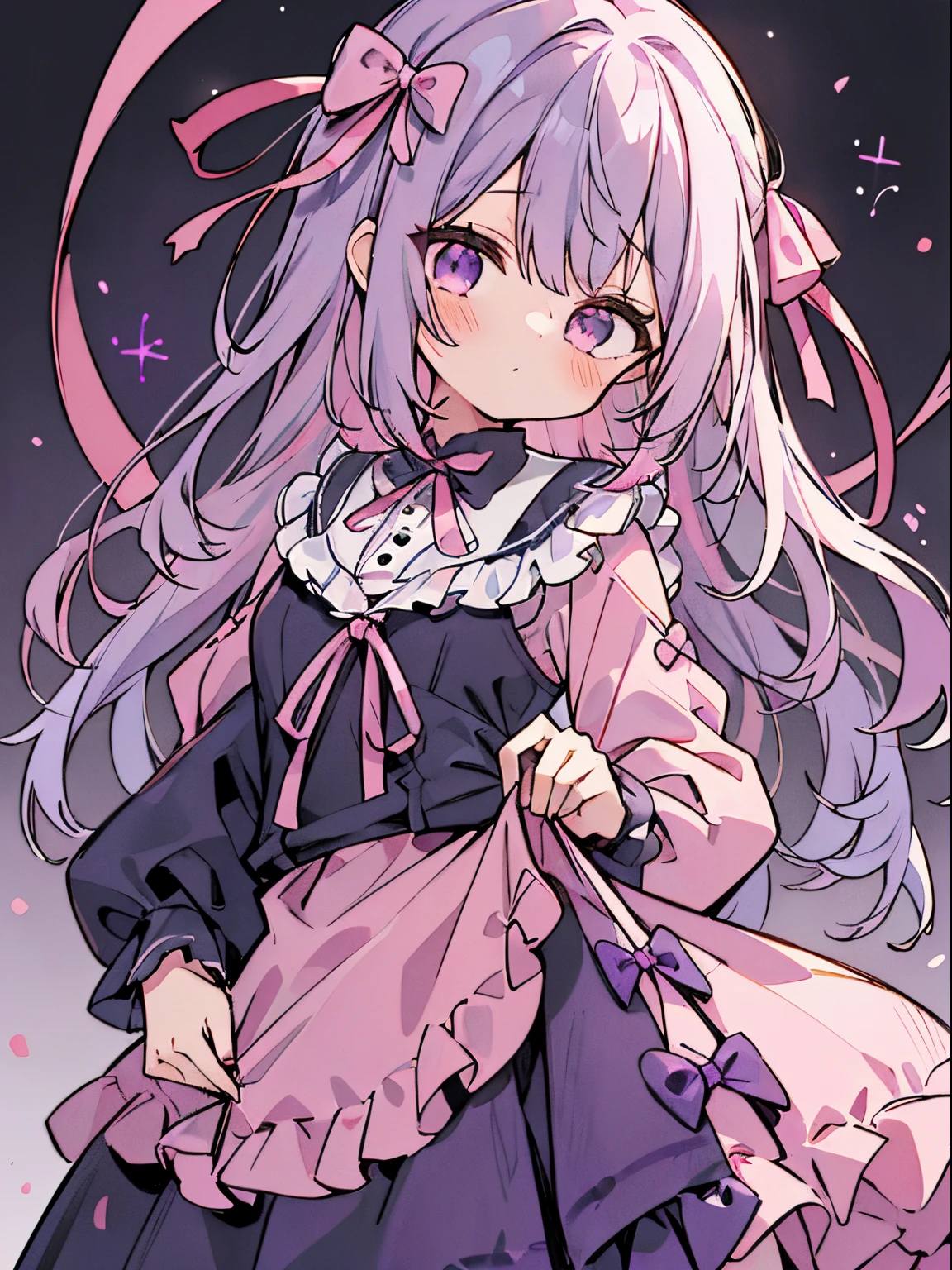 absurderes, hight resolution, (Anime style:1.1), ((masutepiece)), ((Best Quality)), (Ultra-detailed), (Beautiful),Beautiful face、(liftup),Long、azhiichigo style,Big eyes, dense lines, mixing pattern,Cute,1. goth, Pattern Expansion、Light purple hair、Cute Ribbon、purple one piece clothes、a purple eye、Background Simple、background grey、(((((1girl in、purple mine suit、Cute dress、dress with a big pink ribbon、dress with pink ribbon)))))(The upper part of the body、(((((One girl )))))、((((Lori、youngest son))))、Gosic、{{{{{gotik、The upper part of the body}}}}}{{{{{{{{{{The upper part of the body}}}}}}}}}}{{{magia}}}, ({{{{{Background Simple、fluffy hair}}}}})medium format film camera, Naturally blurred background,