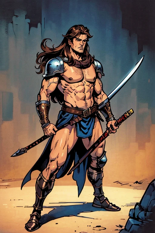 "(best quality,ultra-detailed,realistic:1.37),barbarian man,long brown hair,middle muscles,blue eyes,detailed sword,stoic expression,fierce stance,dungeon,leather armor, 1980 comic book sword and sorcery