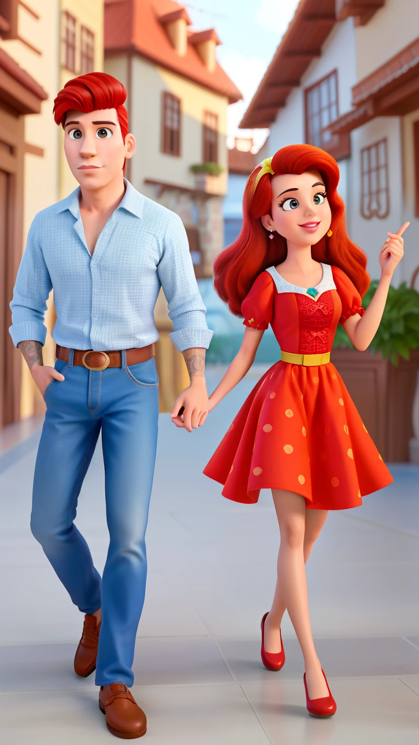 Casal (homem moreno e mulher branca) no estilo Disney Pixar, alta qualidade, melhor qualidade.
