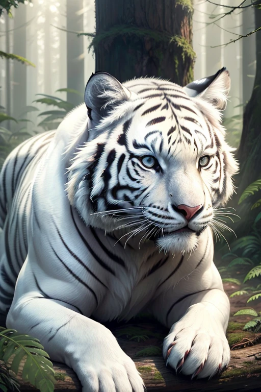 the white tiger,Extremely detailed eyes and face,(Best quality,4K,8K,A high resolution,tmasterpiece:1.2),ultra - detailed,actual:1.37,HighDynamicRange,hyper HD,Studio lighting,Ultra-fine painting,Focus sharp,physically-based renderingt,Extremely detailed description,professional,vibrant with colors,bokeh,in illustration,forest scape,White fur,vibrant contrast,soft sun light,Artistic brushstrokes