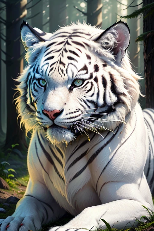 the white tiger,Extremely detailed eyes and face,(Best quality,4K,8K,A high resolution,tmasterpiece:1.2),ultra - detailed,actual:1.37,HighDynamicRange,hyper HD,Studio lighting,Ultra-fine painting,Focus sharp,physically-based renderingt,Extremely detailed description,professional,vibrant with colors,bokeh,in illustration,forest scape,White fur,vibrant contrast,soft sun light,Artistic brushstrokes