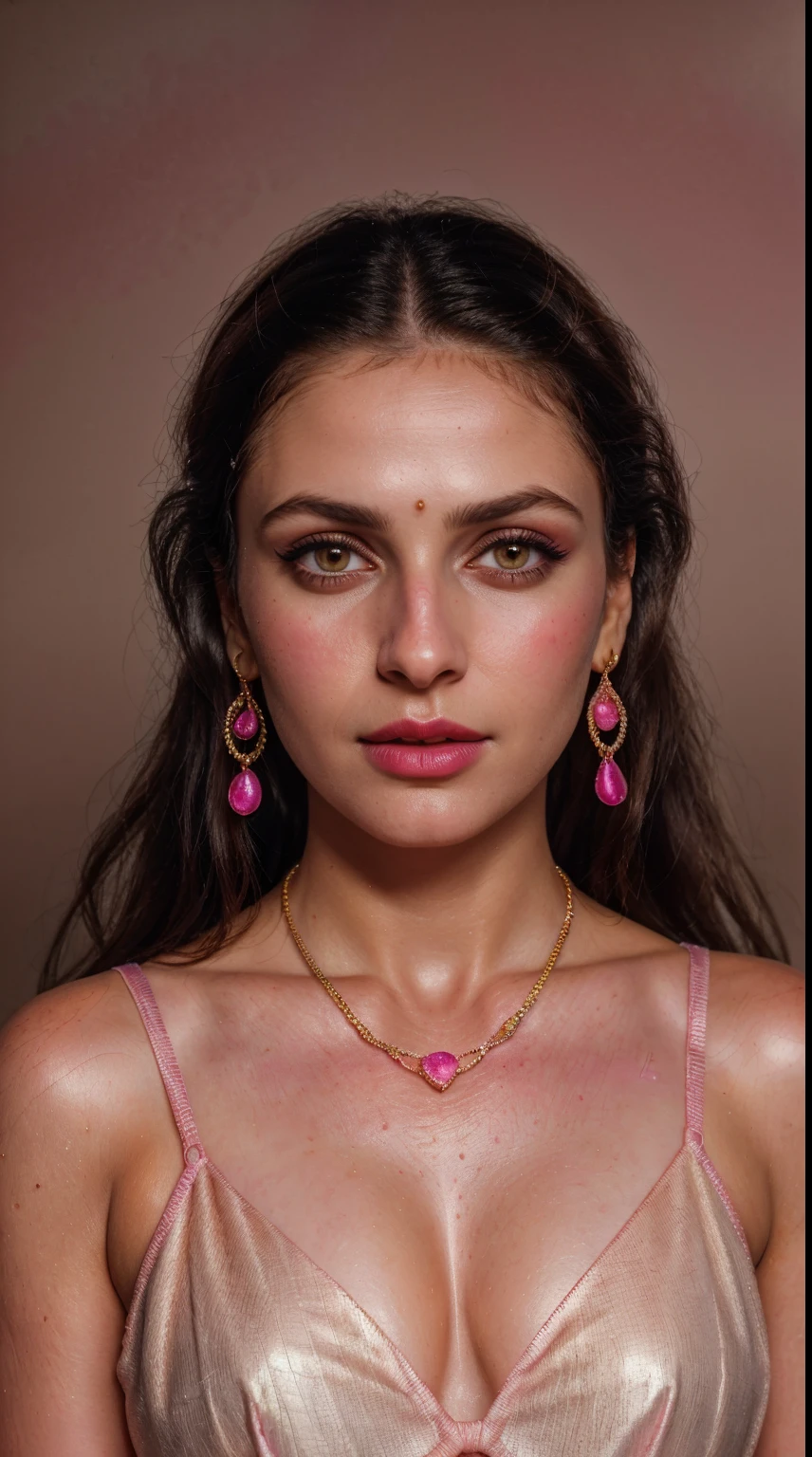 Salwar Kameez golden pink color, (RAW photo, realism: 1.8), (very dark pink lip gloss, jet dark pink lipstick, many eyelashes, dark brown eye shadow, shy, blushing, high quality, high resolution, depth of field, chromatic aberration, caustic, wide light, natural colors, 30 year old woman), necklaces, chokers, earrings, bracelets, wear many accessories, soft skin fair pink skin, small breasts size, oily shine skin, slime nose soft skin, wears node pin,