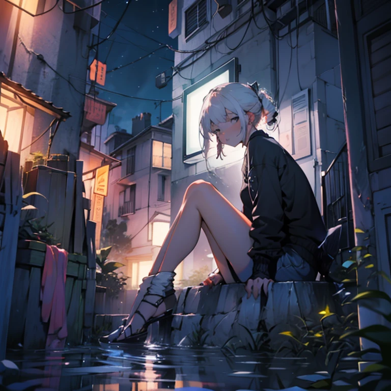 Night night view building A girl is sitting on the roof High resolution