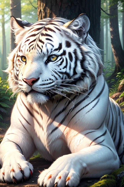 the white tiger,Extremely detailed eyes and face,Beautiful wings,(Best quality at best,4K,8K,A high resolution,tmasterpiece:1.2),ultra - detailed,actual:1.37,HighDynamicRange,hyper HD,Studio lighting,Ultra-fine painting,Focus sharp,physically-based renderingt,Extremely detailed description,professional,Vibrant colors,bokeh,in illustration,forest scape,White fur,Vivid Contrast,soft sun light,Artistic brushstrokes