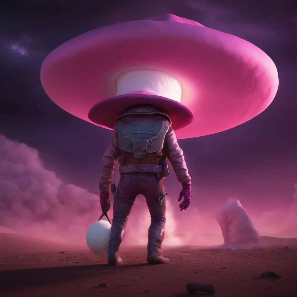 A pink cowboy alien  standing in a desolate wasteland, with a weary expression on its face. In the distance, a giant  ((((marshmallow)))) looms, emitting an eerie glow. The alien's cowboy hat is slightly askew, and its metallic body bears scars and scratches from past battles. The sky above is a deep purple, The scene is both whimsical and unsettling, with a touch of dark humor.