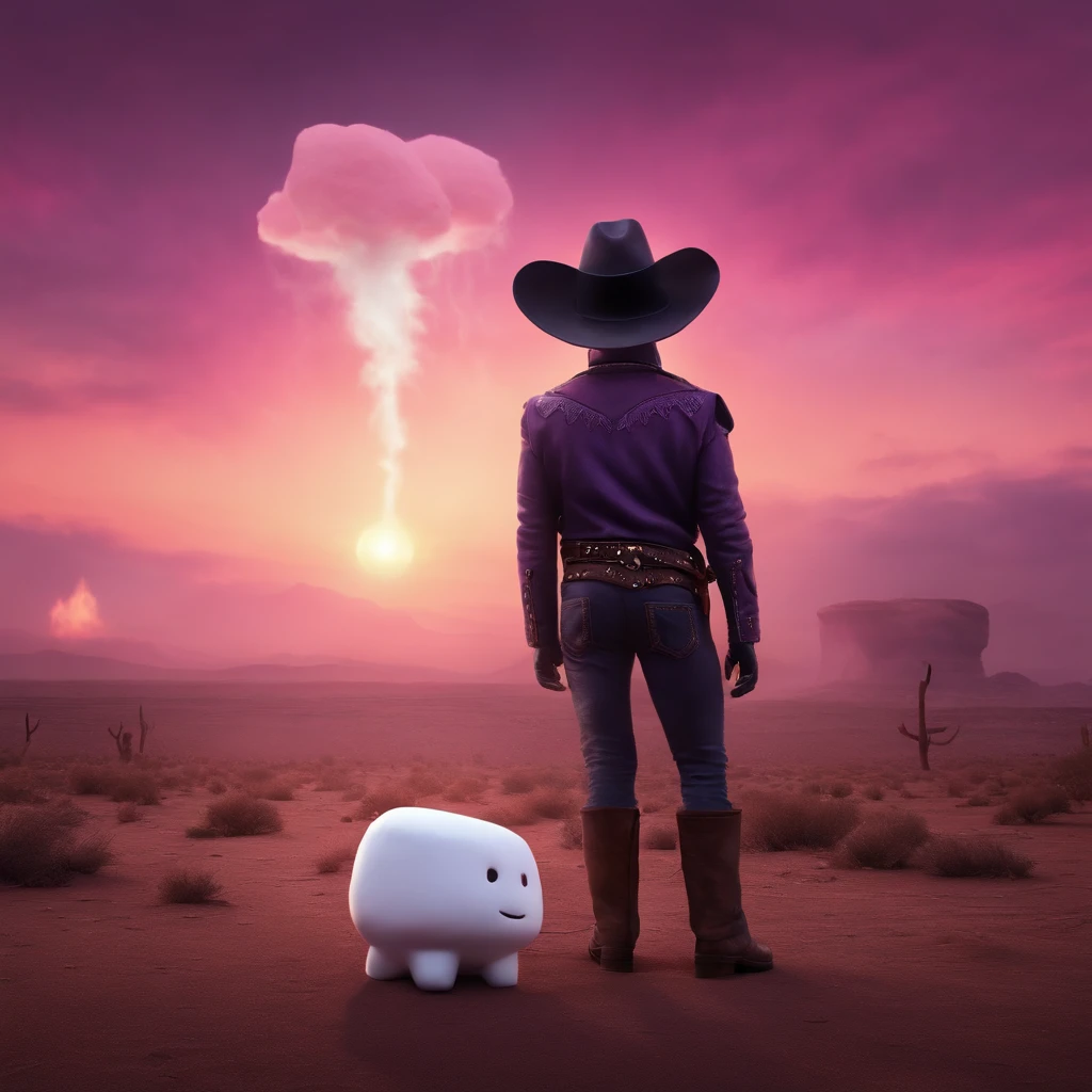 A pink cowboy alien standing in a desolate wasteland, with a weary expression on its face. In the distance, a giant ((((marshmallow)))) looms, emitting an eerie glow. The alien's cowboy hat is slightly askew, and its metallic body bears scars and scratches from past battles. The sky above is a deep purple, The scene is both whimsical and unsettling, with a touch of dark humor.