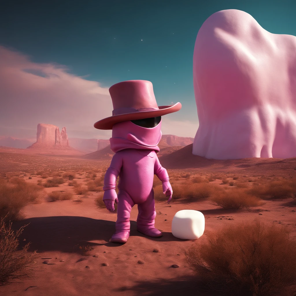 A pink cowboy alien standing in a desolate wasteland, with a weary expression on its face. In the distance, a giant ((((marshmallow)))) looms, emitting an eerie glow. The alien's cowboy hat is slightly askew, and its metallic body bears scars and scratches from past battles. The sky above is a deep purple, The scene is both whimsical and unsettling, with a touch of dark humor.
