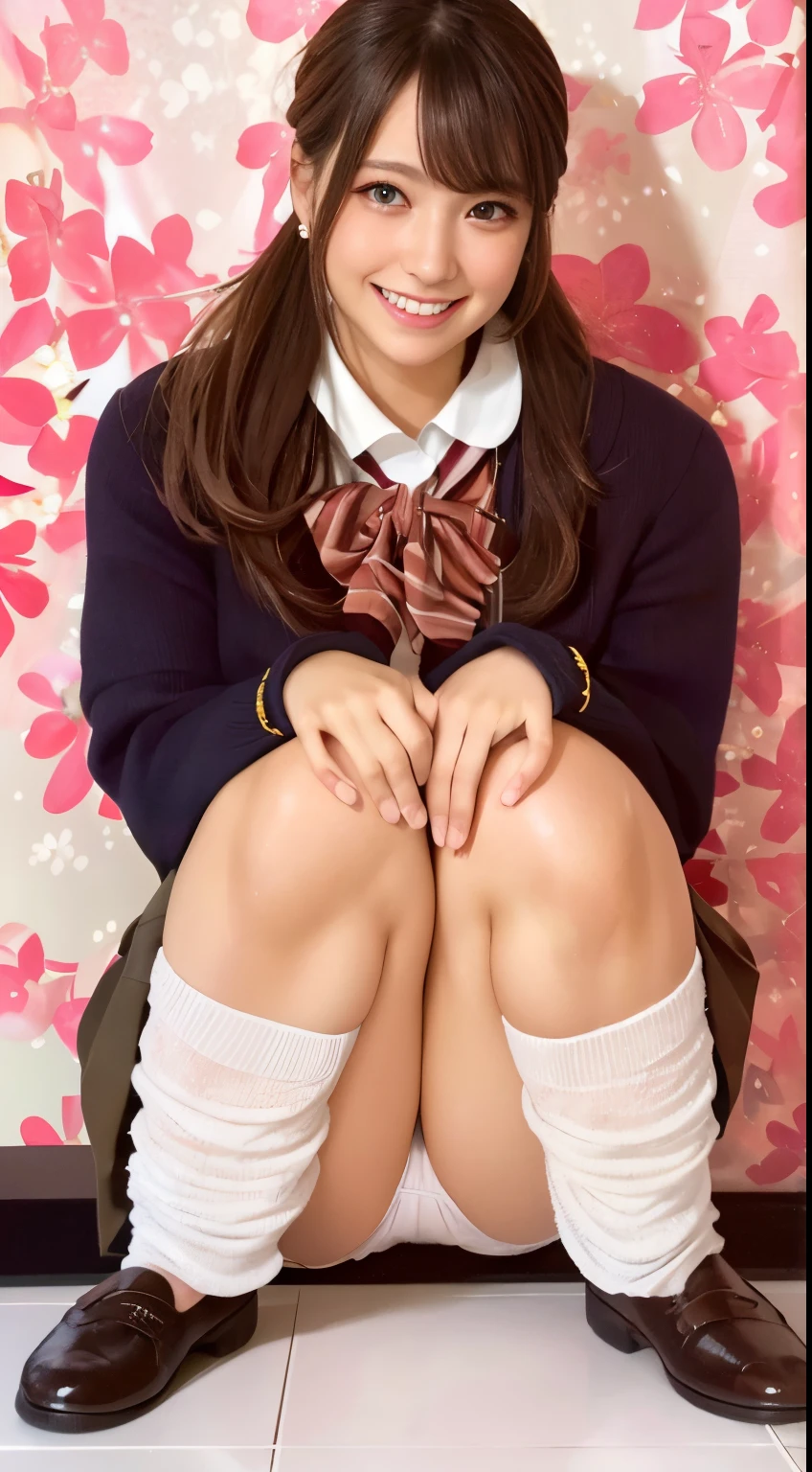 (Looking directly at Viewer:1.5),(big smile:1.2)32K, masterpiece, Raw photo, Best Quality, Photorealistic, Highly detailed CG Unity 32K wallpaper, depth of fields, Cinematic Light, Lens Flare, Ray tracing, (Extremely beautiful face, Beautiful lips, Beautiful eyes), intricate detailed face, ((Ultra detailed skin)) 1girl in, deep shadow, Cutest Pretty Japanese girl, Super Idol, 1 girl,(Happy smile:1.3), Clear eyes, Front shot, (pale skin), (Big eyes:1.2), Face forward, (Brown hairs), thick thighs, (Japanese school uniform:1.1),(double eyelies:1.3),long eyelashes,(white panties:1.2),balanced elegant face,(small mouth:1.1),drooping eyes, cubby ass, big hip