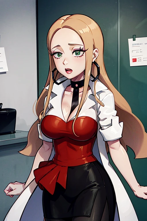 "Oleana from Pokemon, wearing a red shirt, with a hint of cleavage, in a black skirt and pantyhose. She has a white coat, well-done makeup, lipstick, and is styled in a pencil skirt. Completing her look is a choker and hoop earrings. She is depicted solo and the setting is in a corporate office."