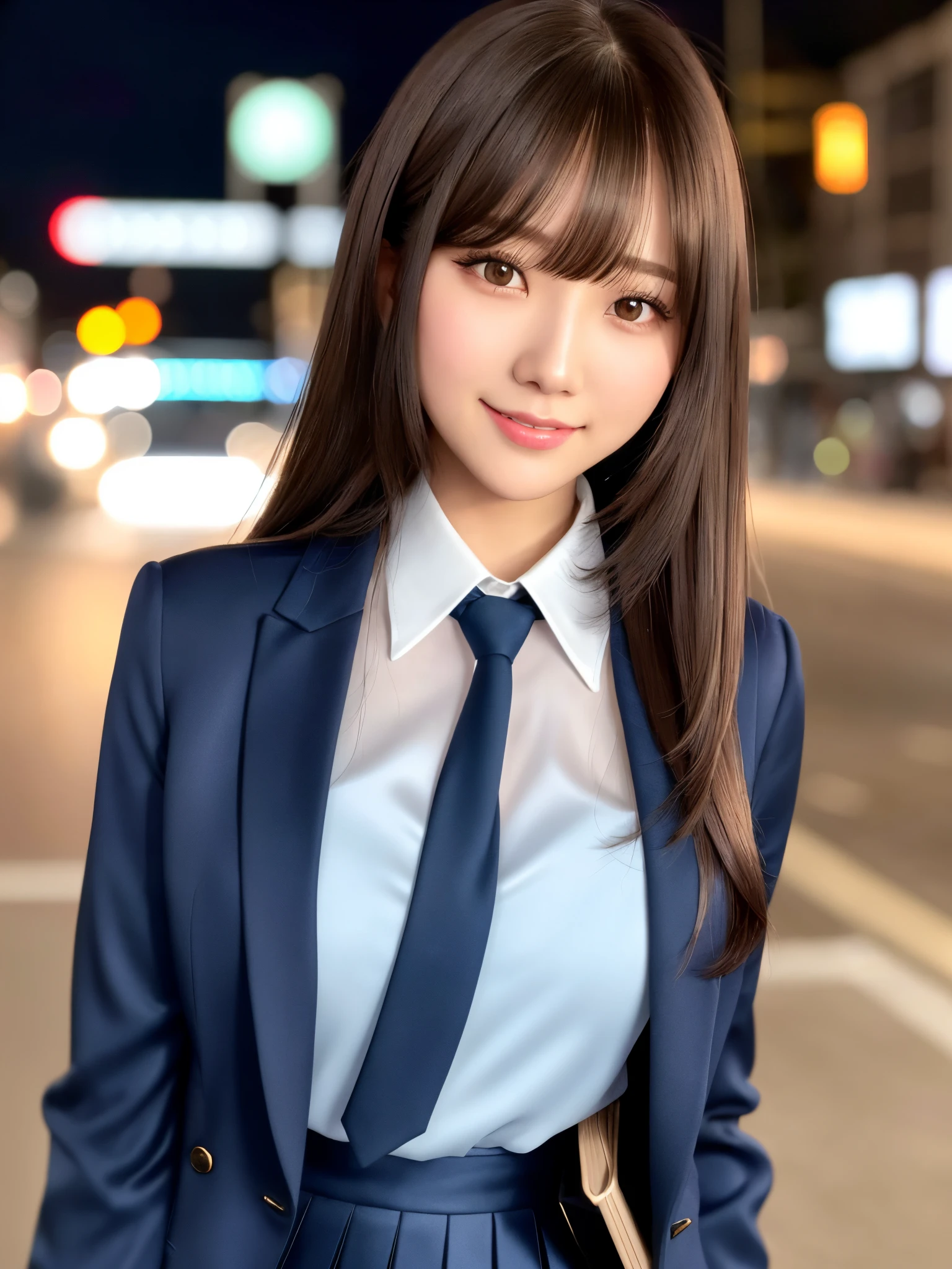 One Woman、((Standing wearing a blazer and miniskirt school uniform))、Primary school students,((small breasts)),Highest quality、Very delicate and beautiful、((Very short bangs))、((Bangs))、Shiny black hair、Highest quality、Very delicate and beautiful、((Very short bangs))、((blunt bangs))、((long hair))、Cute face、Young face、Cute like an idol、Are thin、Slim figure、slender、Short、 body type、((The background is a Japanese townscape))、Thighs、Photographed from the front、The best smile、