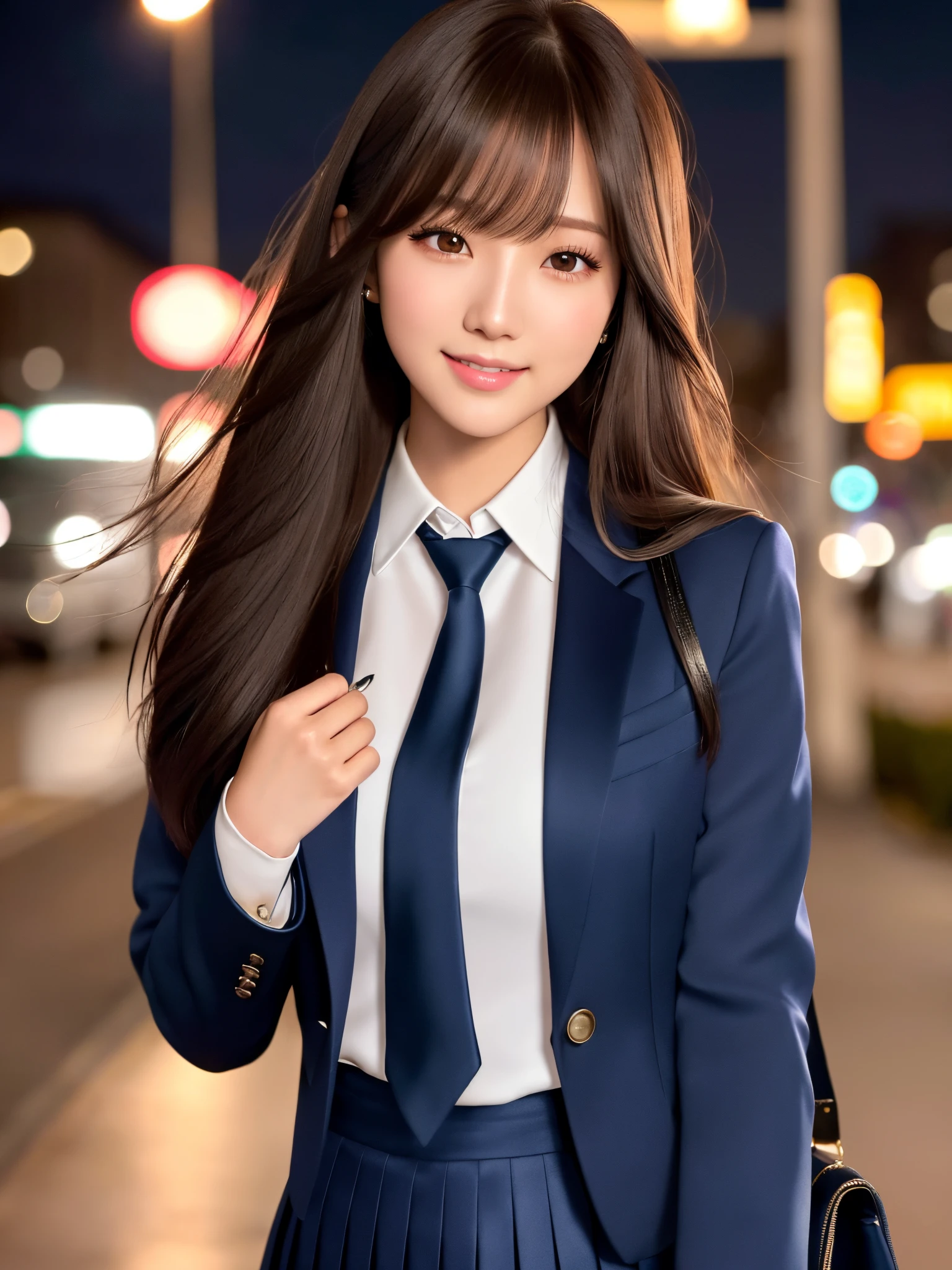 product quality, 1girl, upper body shot, front view, a Japanese young pretty woman, long bob hair, walking alone with a big smile on a crowded sidewalk in the night, glamorous figure, wearing a dark blue blazer over a white collared silky satin shirt, shiny satin dark blue plain long tie, dark blue pleated long skirt, school bag over her shoulder, hyper cute face, glossy lips, double eyelids in both eyes, natural makeup, long eyelashes, shiny smooth light brown long bob hair, asymmetrical bangs, central image, high resolution, high detail, detailed hairstyle, detailed face, spectacular cinematic lighting, octane rendering, vibrant, hyper realistic, perfect limbs, perfect anatomy