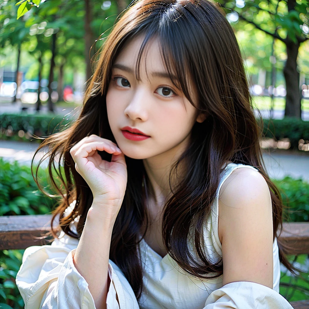 A 20-year-old Korean girl,long reddish brown hair,bangs through eyes,largeeyes,perfect eyes,Delicate skin,smallunderboob,The background is in the park,Perfect dynamic composition,tmasterpiece, Best quality at best, illustratio, ultra - detailed, finely detailled, A high resolution, 8k wallpaper,Front view,Front Shooting