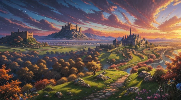 Official art,Western landscape,I can see the castle in the distance,Beautiful Landscapes, masutepiece, High quality, exquisite graphics, high detailing, Epic Landscapes,