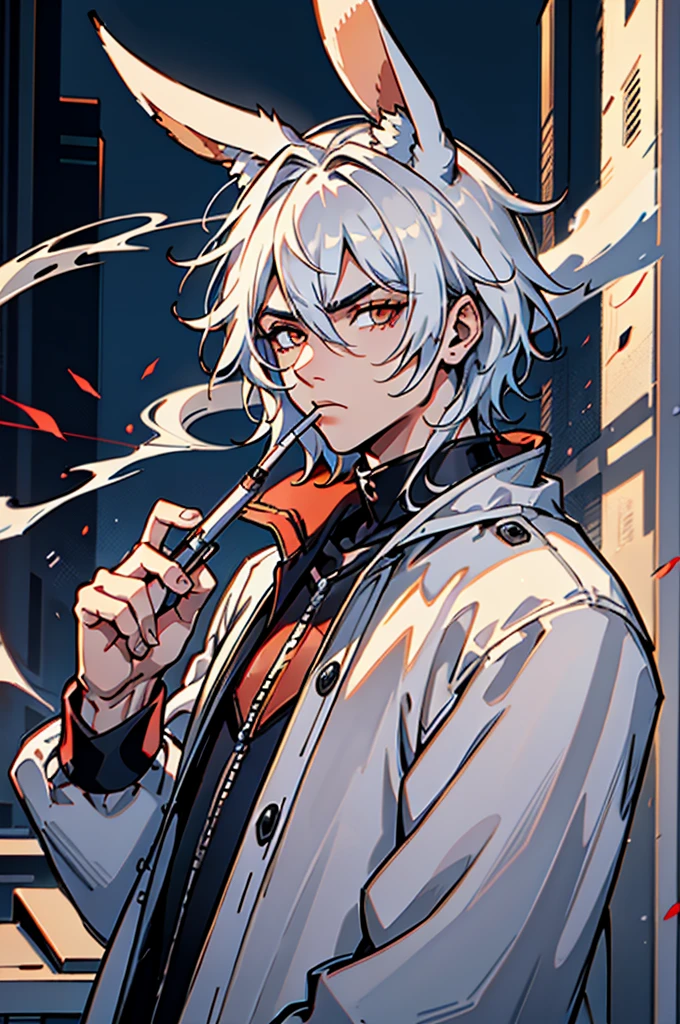 white hair, male, 20 years , on top of the building, cartoon, red eye, rabbit ears, serious, Conceptual art, 1080P, emo style hair, smoking a cigarette.