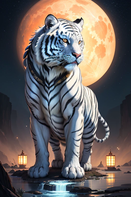 A silvery white zodiac tiger with full moon in the background, author:ghana trip, Tigre_beastly, traditional japanese concept art, 3 0, huge sacred tiger, Very detailed official artwork, Large tube wood peach style, full color digital illustration, Inspired by Luo Mu, author:Kan Lee, digital painting very detailed, A beautiful artistic illustration