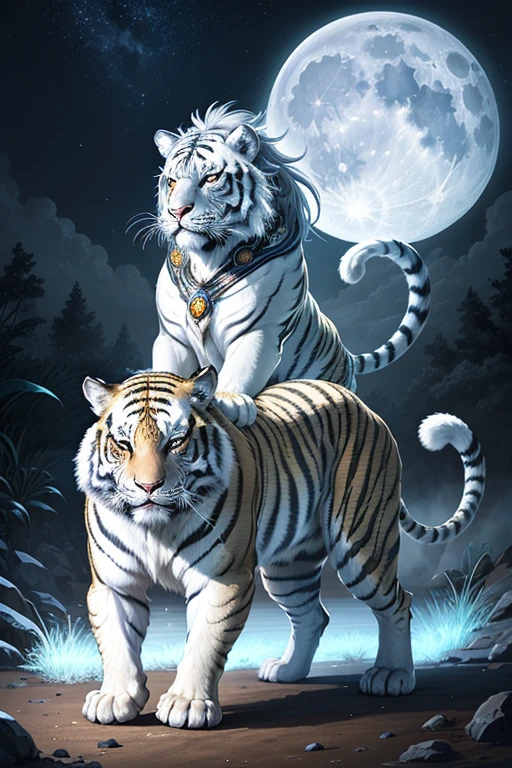 A silvery white zodiac tiger with full moon in the background, author:ghana trip, Tigre_beastly, traditional japanese concept art, 3 0, huge sacred tiger, Very detailed official artwork, Large tube wood peach style, full color digital illustration, Inspired by Luo Mu, author:Kan Lee, digital painting very detailed, A beautiful artistic illustration