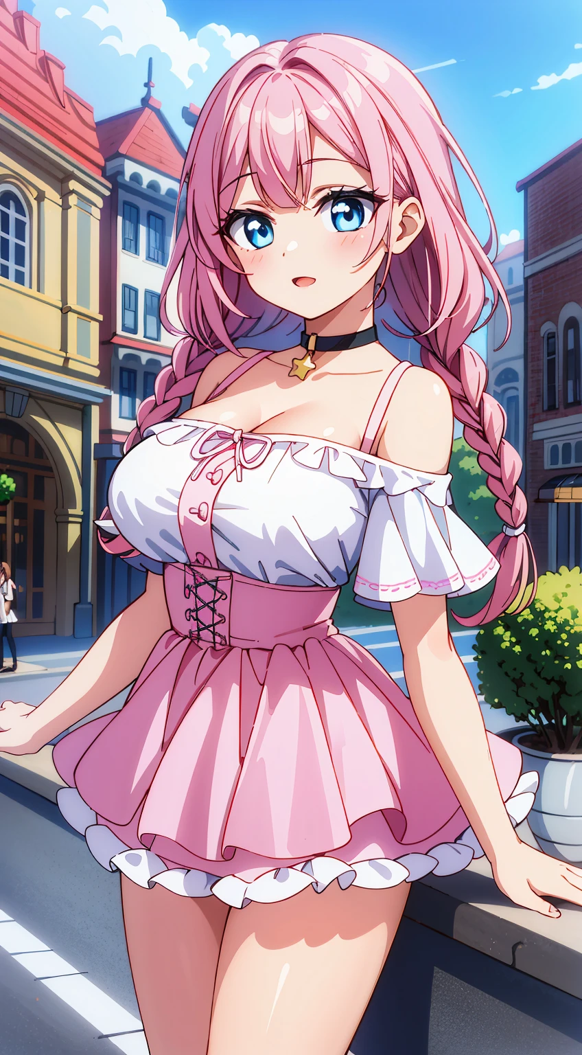 (Absurd realistic structure details),(High resolution complex and detailed text quality),(High-resolution microstructure、High Poly 3D Rendering Correction),Methods of geometry,Careful explanatory anatomy,
BREAK,
1 beautiful girl, (17 years old girl),Solo,(Cute:1.5),(Chibi:0.6),(kawaii:1.5),(Lori:0.5),BREAK,(17 years old girl), 1 beautiful girl,Very detailed,colourfull,highest details,Clear skin,Beautiful skin,Shy,Very detailed,colourfull,highest details,BREAK,Clear skin,Beautiful skin,Shy skin,BREAK,{Heterochromia,blue eyess,verd s eyes,PUPILS SPARKLING:1.5},star eye silhouette,BREAK,(Pink hair, Medium length:1.4),(Twin braids,A little curly hair,Princess Cut, crossed bangs:1.3),(Big breasts,Beautiful breasts,Large breasts:1.5),(long eyelashes, Double eyelids:1.2),Solo,gleaming skin, Clear skin, Beautiful skin,(best quality face),(Top quality glowing eyes), (The best smile,Doya face:1.45), BREAK (Pink Theme:1.4), (Vivid colors:1.3), (off shoulder shirt, White shirt, Puffy Short Sleeves:1.3), Belt bag,(Skirt, with floral pattern:1.2),tie,(lace-up boots:1.1),
BREAK,(early evening),Walking,a closed mouth,(architecture, building, Choker, city, Cityscape, Outdoors, potted plant,Street, Town:1.55), Waterfall,depth of fields,
BREAK,wakame,wakame,wakame,(Dynamic Angle:1.4),
BREAK,(Blurry background:1.3),(absurderes, hight resolution, Super Detail Art),cel shading,Clear Color, Lonely optical effect, Beautiful pictures, Bright glow, mystic atmosphere,(Close-up of girl:1.1), Mystical light particle effect,manga influence, clean line drawings,