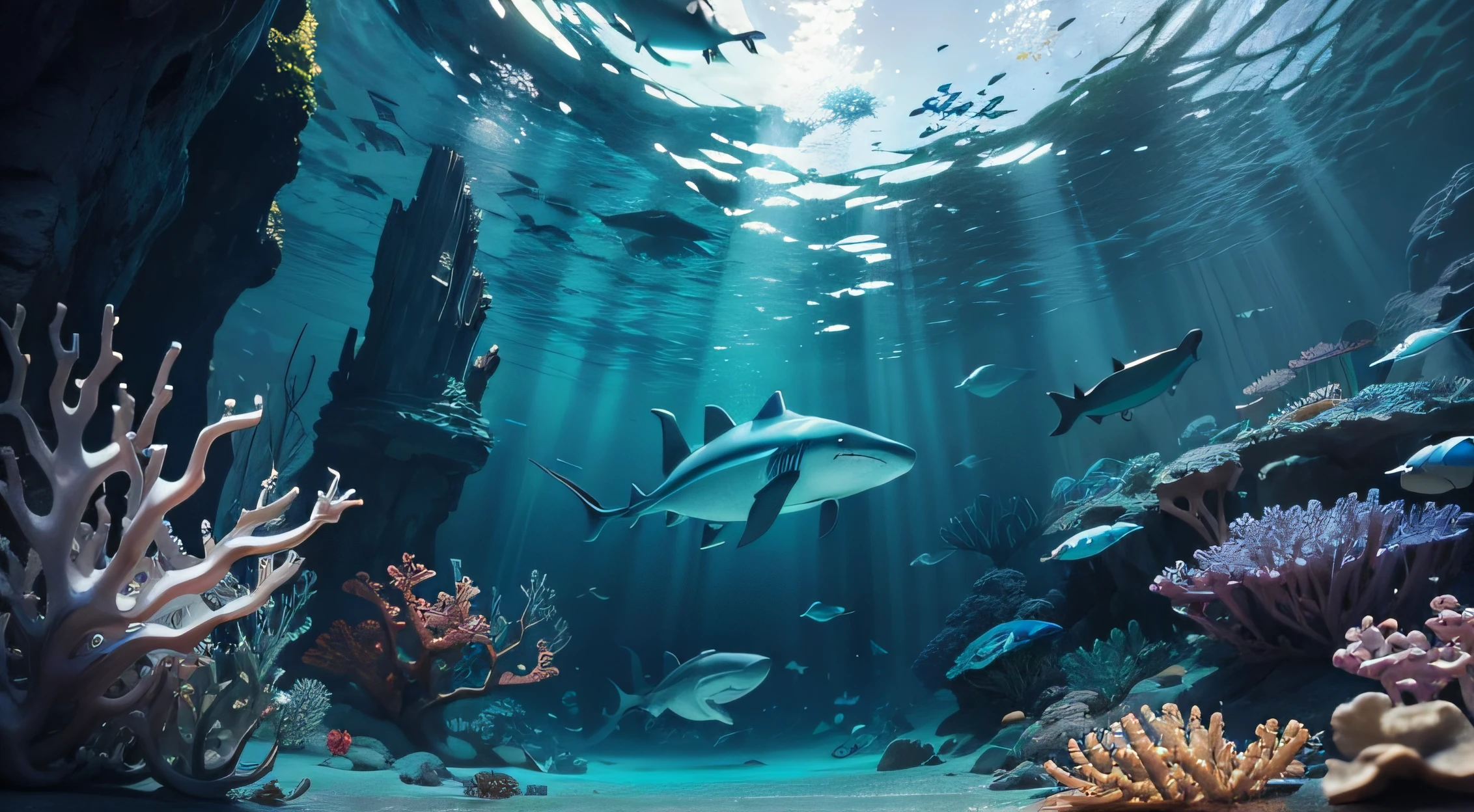 Highest quality, Highest quality, 16K, Unbelievably absurd, Very detailed, 2.5D, delicate and dynamic, aquarium, Large sink, Colorful Coral, A little faint light and a little fish, shark, Underwater, Underwater, , , ,, erotic, shark女, sharkの服