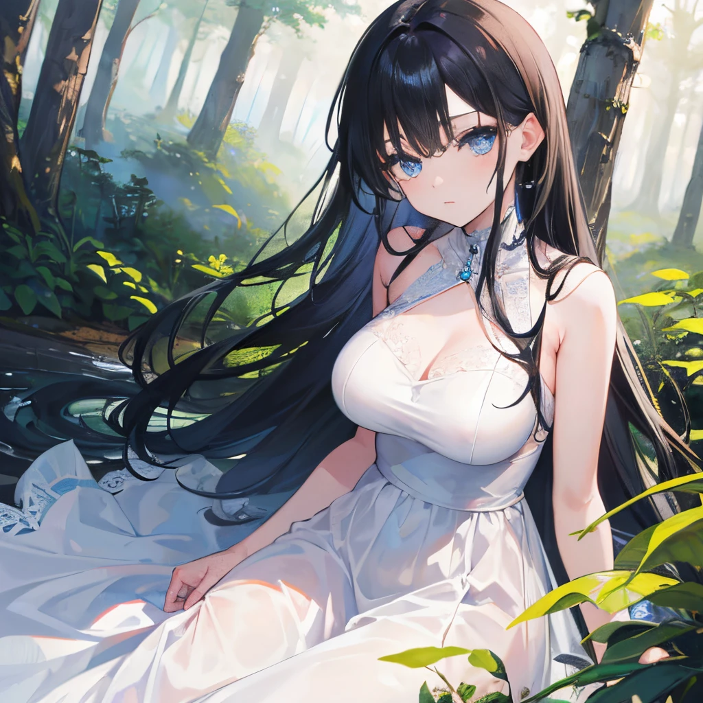 1girl, black hair, long hair, blue eyes, long white dress, forest , absurdres, high res, ultrasharp, 8K, masterpiece, looking at viewer