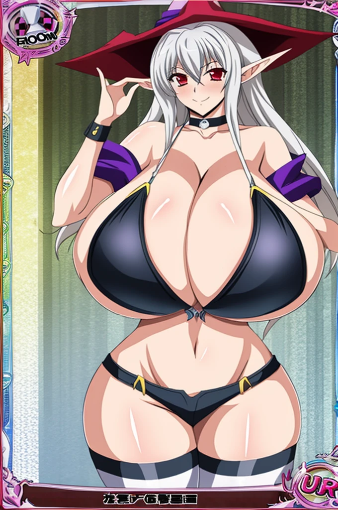 masterpiece, best quality, extreme detail, digital painting, absurdres, volumetric lighting, 1girl, solo,(gigantic breasts), massive breasts,short shorts,thighhighs,long hair,thick thighs,wide hips,standing,choker,heavy blush,shortstacks, fang, tall female, big boobs, tall, huge breasts, dxd style, bikini, best quality, gigantic breasts, dxd style, the page has a huge comic with a bunch of female characters all about, breasts, english text, multiple girls, witch hat, hat, pointy ears, comic, greyscale, huge breasts