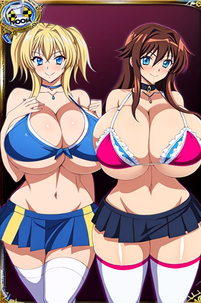 masterpiece, best quality, extreme detail, digital painting, absurdres, volumetric lighting, 1girl, solo,(????????????????), massive ???????,short shorts,thighhighs,long hair,thick thighs,wide ????,standing,choker,heavy blush,shortstacks, fang, tall female, big ?????, tall, ????????????, dxd style, ??????, best quality, ????????????????, dxd style, this attractive girl in school uniform is standing by another cute female, both wearing very ?????????????, as they are standing opposite each other, ???????, multiple girls, 2girls, gyaru, blonde hair, skirt, cleavage, jewelry, short hair, dark skin, necklace, school uniform, ????????????, long hair, navel, choker, thighhighs, dark-skinned female, blue eyes, smile, ?????????, brown hair