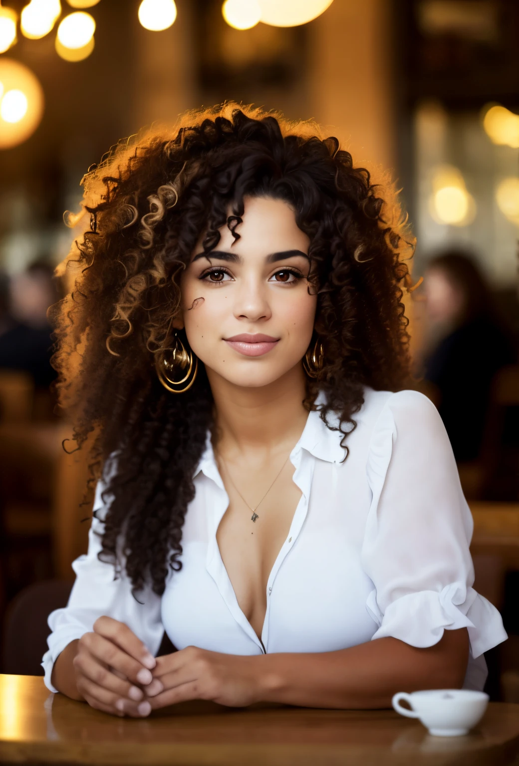arafed woman with curly hair sitting at a table in a restaurant, photo of a beautiful woman, gorgeous woman, gorgeous beautiful woman, curly haired, cute woman, beautiful woman, mixed-race woman, beautiful young woman, mixed race woman, a beautiful young woman, curly middle part haircut, long dark curly hair, curly dark hair, gorgeous lady