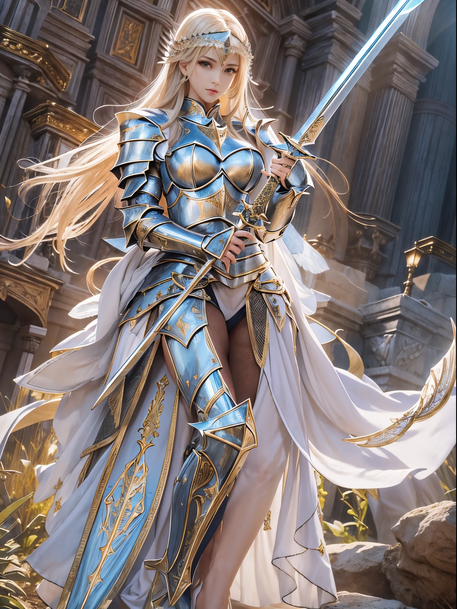 ((Knight of Angels、Beautuful Women))8k、An ultra-high picture quality、Ultra-realistic details、3d rendered、sharp gaze、beautiful behavior、Toned body、large full breasts、Clothing with a wide open chest、Shining Sword、