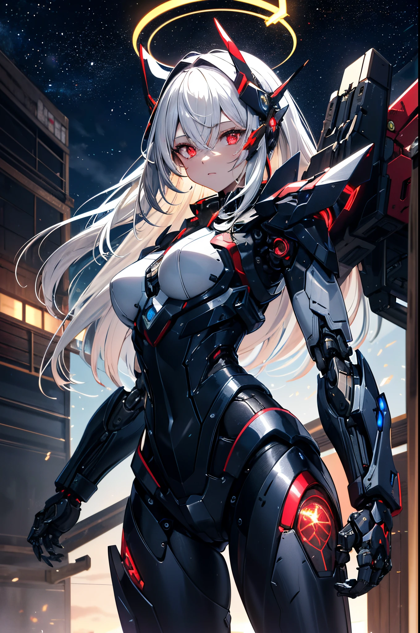 masterpiece,best quality,ultra-detailed,very detailed illustrations,extremely detailed,intricate details,highres,super complex details,extremely detailed 8k cg wallpaper,cowboy shot, caustics,reflection,ray tracing,demontheme,nebula,dark aura,cyber effect, (1girl:1.4),solo,alone,mecha musume,mechanical parts, robot joints,single mechanical arm, headgear, mechanical halo,star halo,intricate mechanical bodysuit, mecha corset, kimono, full armor, very long hair,white hair, hair between eyes, multicolored hair, colored inner hair, red eyes,glowing eye,eye trail, random expressions,random action, ancient japanese architecture,pond, starry sky,skyline,  