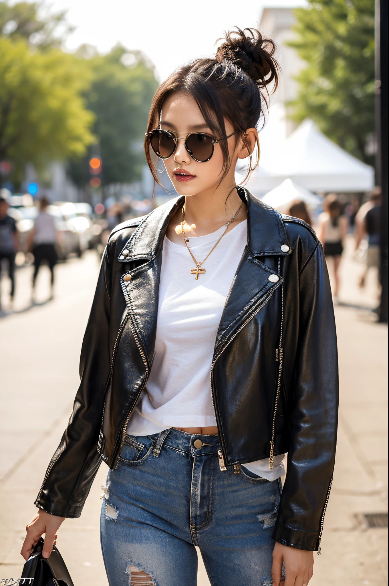 (masterpiece:1.2, best quality), 1lady, solo, upper body, big tits, Chic and edgy leather jacket paired with a classic white t-shirt and distressed jeans Confident and effortless with minimal makeup and a messy bun (Music festival or a trendy downtown neighborhood) Statement sunglasses and chunky jewelry, with a cross-body bag for convenience