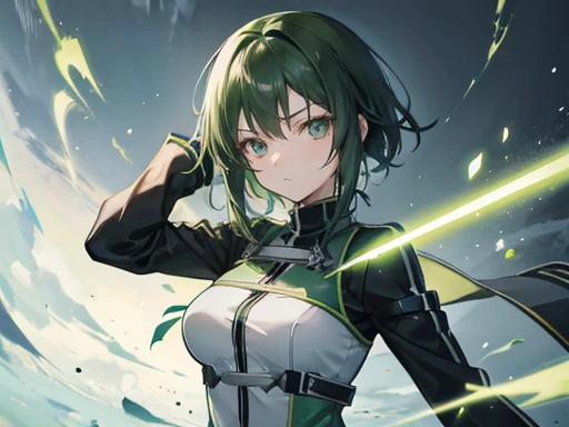 She has dark green hair, black eyes, height 174 cm, weight 52 kg, wears a dark green uniform. anime character from Sword art Online, official fanart, made with anime painter studio, official art, inspired by Reki Kawahara, inspired by abec ilustation, in sword art online anime style