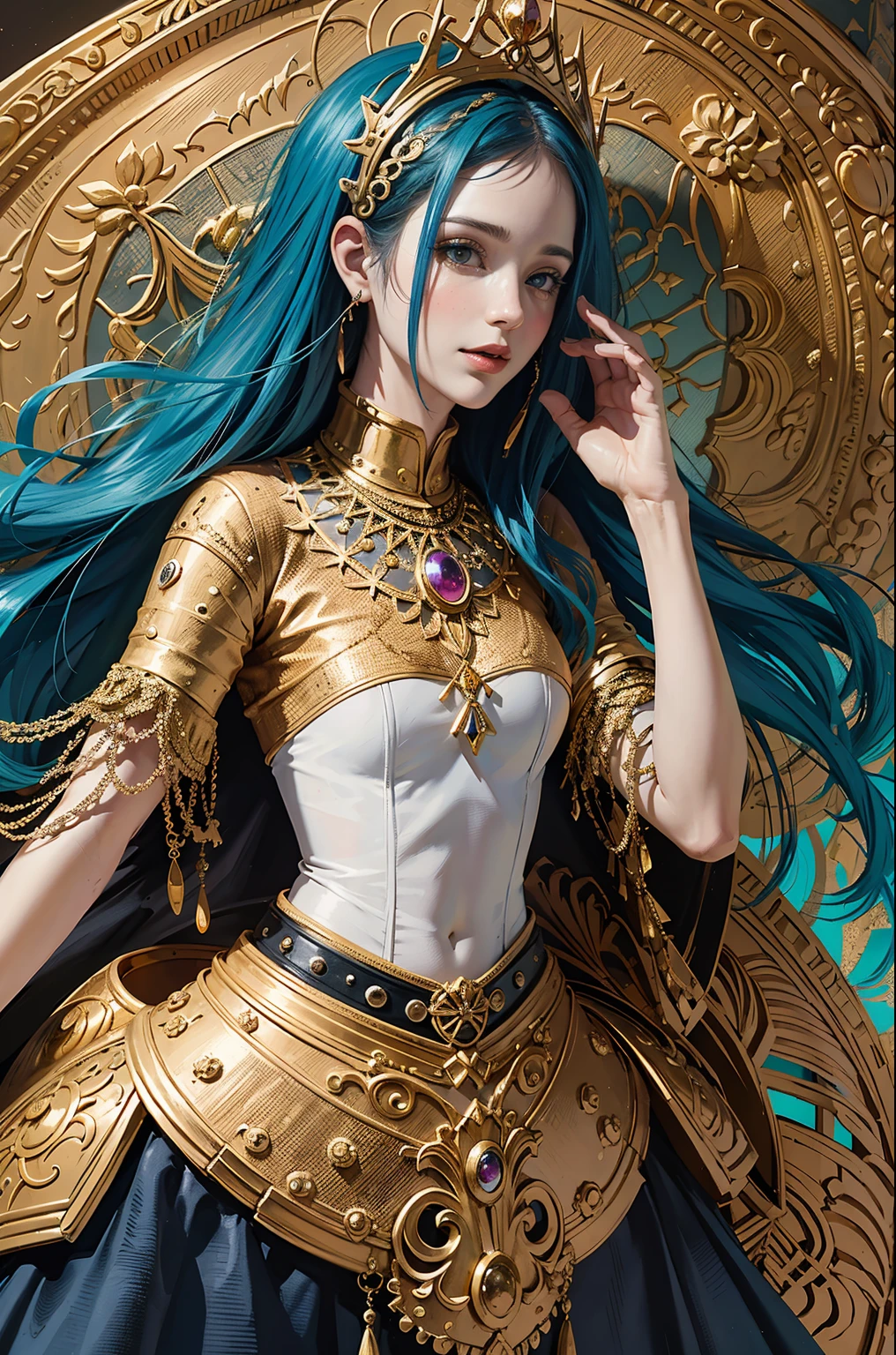 (masterpiece, top quality, best quality, official art, beautiful and aesthetic:1.2), (1girl), extreme detailed,colorful,highest detailed, official art, unity 8k wallpaper, ultra detailed, beautiful and aesthetic, beautiful, masterpiece, best quality, (zentangle, mandala, tangle, entangle) ,holy light,gold foil,gold leaf art,glitter drawing, PerfectNwsjMajic
