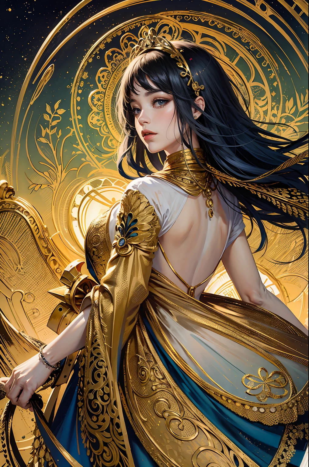 (masterpiece, top quality, best quality, official art, beautiful and aesthetic:1.2), (1girl), extreme detailed,colorful,highest detailed, official art, unity 8k wallpaper, ultra detailed, beautiful and aesthetic, beautiful, masterpiece, best quality, (zentangle, mandala, tangle, entangle) ,holy light,gold foil,gold leaf art,glitter drawing, PerfectNwsjMajic