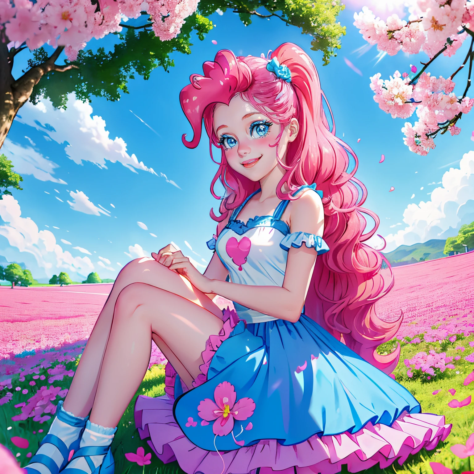 My little pony pinkie pie, pinkie pie, pinkie pie in the form of a girl, long dark pink hair, blue eyes, long pink and blue frilly dress, white frilly thigh high, small pink heels, blue sky, pink clouds, ((sitting in a pink and blue flower field)), staring at viewers, (light pink skin 1.5), soft blush, happy smile, soft smile, holding flowers, blue balloons flying everywhere, ((sunrise 1.0)), highly detailed lighting, yellow light, in a beautiful flower field, pink and blue flowers everywhere, blue eyeshadow (( BLUE EYES 2.0 )), flowers everywhere, SITTING UNDER A TREE HOLDING FLOWERS, pink skin, bubbles and ballon all around, cherry blossoms trees everywhere, in a cherry blossom forest