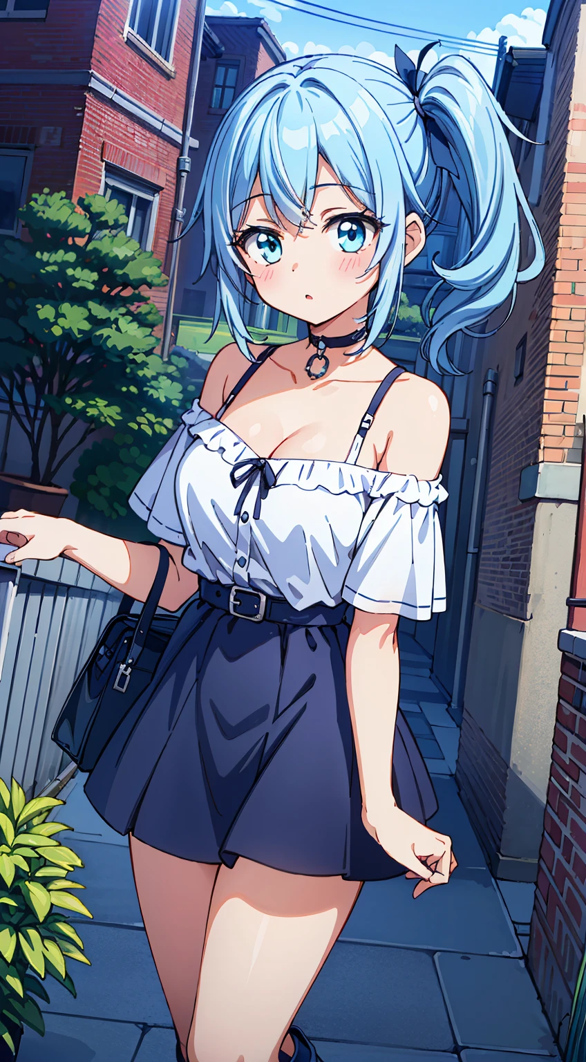 (Absurd realistic structure details),(High resolution complex and detailed text quality),(High-resolution microstructure、High Poly 3D Rendering Correction),Methods of geometry,Careful explanatory anatomy,
BREAK,
1 beautiful girl, 1 person,Solo,(Cute:1.5),(Chibi:0.6),(kawaii:1.5),(Lori:0.5),( girl),Very detailed,colourfull,highest details,Clear skin,Beautiful skin,Shy,Very detailed,colourfull,highest details,Clear skin,Beautiful skin,Shy skin,1 beautiful girl,{Heterochromia,pale blue eyes,pale green eyes:1.9},star eye silhouette, BREAK,(pale blue hair, Medium length:1.4),(Side Ponytail,A little curly hair,Single-sided twisted blade,Princess Cut:1.3),(cleavage of the breast,Large breasts,Beautiful , gleaming skin,Clear skin, Beautiful skin,(best quality face),(Top quality glowing eyes), BREAK (Pink Theme:1.4), (Vivid colors:1.3), (off shoulder shirt, White shirt, Puffy Short Sleeves:1.3), Belt bag,(Skirt, with floral pattern:1.2),tie,(lace-up boots:1.1),
BREAK,(early evening),Walking,a closed mouth,(architecture, building, Choker, city, Cityscape, Outdoors, potted plant,Street, Town:1.55), Waterfall,depth of fields,
BREAK,wakame,wakame,wakame,(Dynamic Angle:1.4),
BREAK,(Blurry background:1.3),(absurderes, hight resolution, Super Detail Art),cel shading,Clear Color, Lonely optical effect, Beautiful pictures, Bright glow, mystic atmosphere,(Close-up of girl:1.1), Mystical light particle effect,manga influence, clean line drawings,