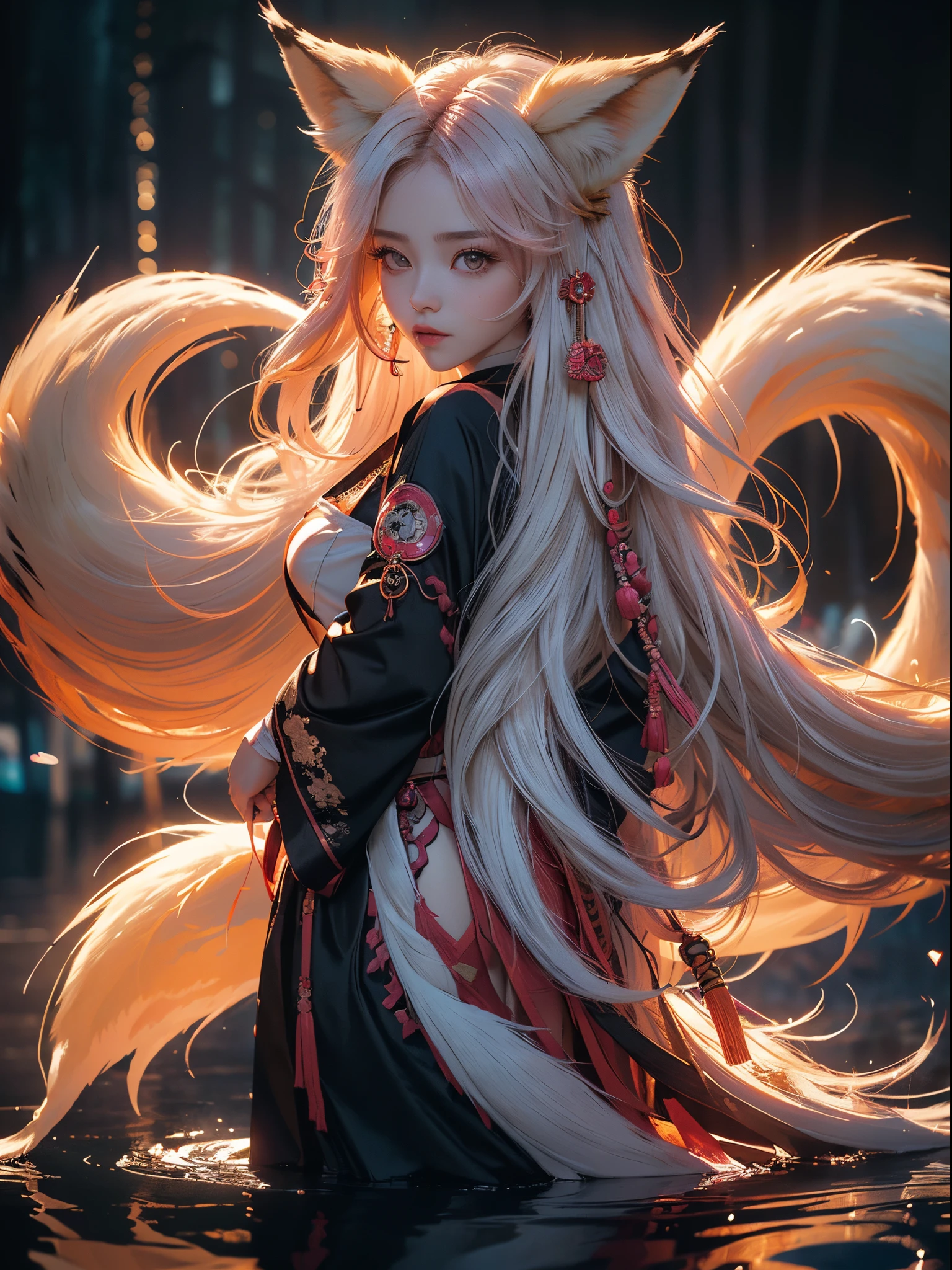 A girl with shining golden eyes, small mouth, thick pink lips, long hair, white hair, long sideburns, small breasts, thick legs, big ass, (((the girl is Kitsune, with fox ears and nine tails)) ), best representation, realistic reflections, black robes emanating, full body, standing, {extremely detailed 16k CG unit wallpaper}, expansive landscape photography, (a centralized view with focus on the character and setting), ( wide open field view), (low angle shot), (high light: 1.2), (low light: 1.8), (warm light source: 1.5), complex details, (iridescent colors: 1.2), (bright lighting ), (atmospheric lighting), dreamy, unique, solo1
