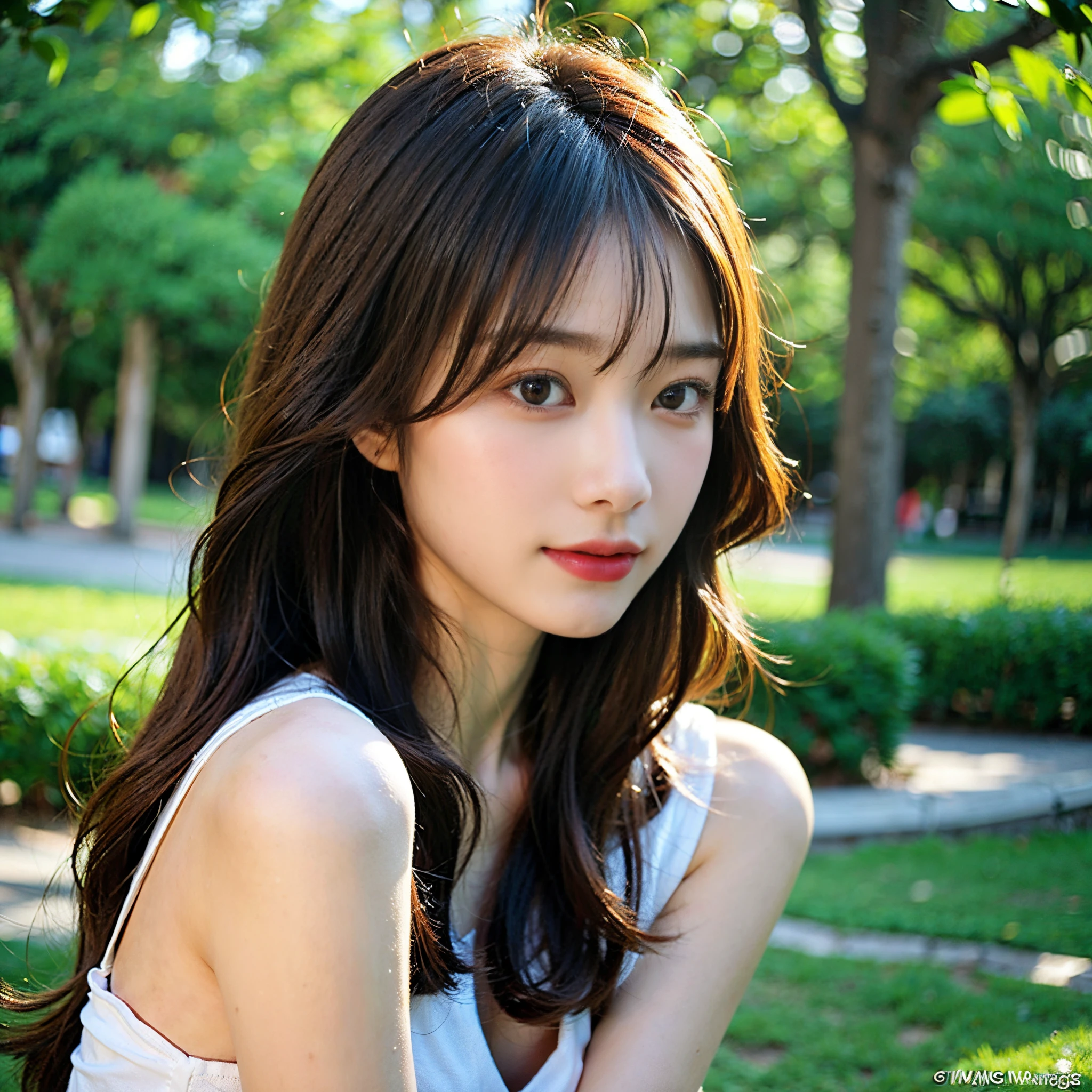 A 20-year-old Korean girl，long reddish brown hair，bangs through eyes，largeeyes，perfect  eyes，Delicate skin，smallunderboob，The background is in the park，Perfect dynamic composition,tmasterpiece, Best quality at best, illustratio, ultra - detailed, finely detailled, A high resolution, 8k wallpaper，Front view，Front Shooting