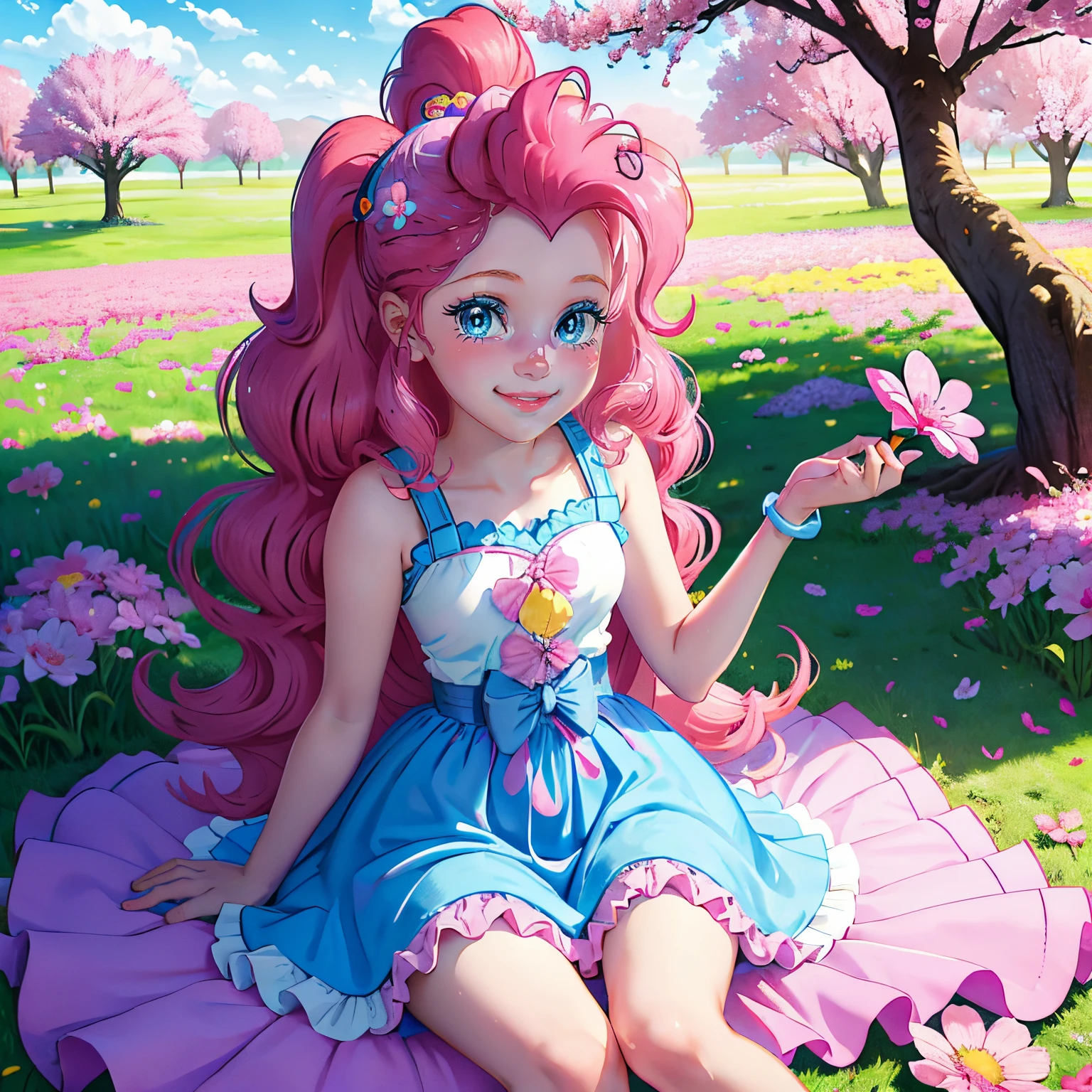 My little pony pinkie pie, pinkie pie, pinkie pie in the form of a girl, long dark pink hair, blue eyes, long pink and blue frilly dress, white frilly thigh high, small pink heels, blue sky, pink clouds, ((sitting in a pink and blue flower field)), staring at viewers, (light pink skin 1.5), soft blush, happy smile, soft smile, holding flowers, blue balloons flying everywhere, ((sunrise 1.0)), highly detailed lighting, yellow light, in a beautiful flower field, pink and blue flowers everywhere, blue eyeshadow (( BLUE EYES 2.0 )), flowers everywhere, SITTING UNDER A TREE HOLDING FLOWERS, pink skin, bubbles and ballon all around, cherry blossoms trees everywhere, in a cherry blossom forest