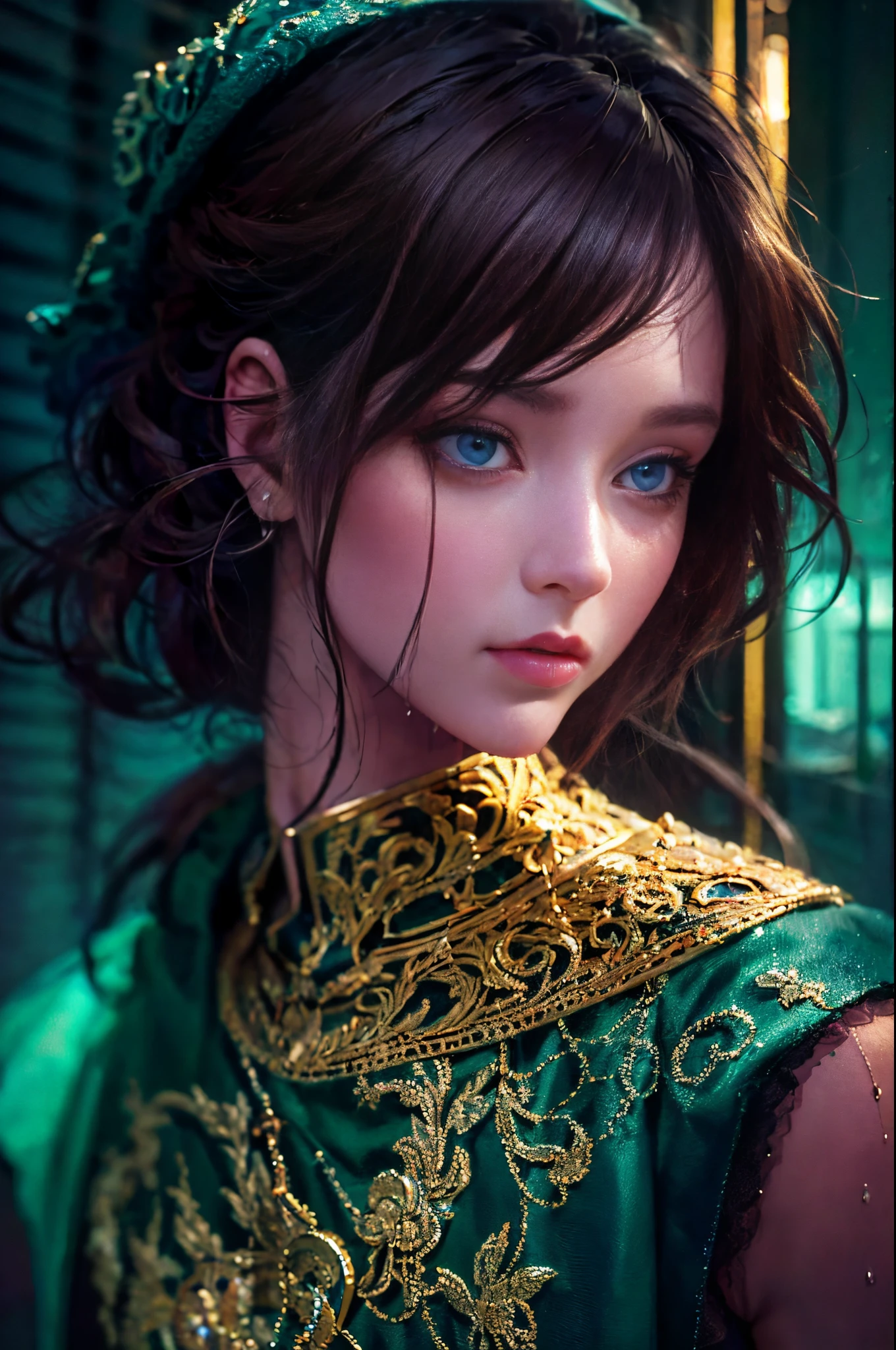 32k ULTRAHD, Best quality, Masterpiece, Super detail, High details,Correct ???????,Ultra photo realsisim, epic realistic, Faded, ((com cores neutras)),Drunken beauty,Go to bed, Brown hair, lace-pajamas,(((Drenched))) ,(hdr:1.5), (pastel colour:1.2), ultra - detailed, (Art Station:1.5), Cinematic, warm lights, Light effect, Dramaticlight, (Intricate details:1.1), the complex background, (greg rutkovsky:0.8),