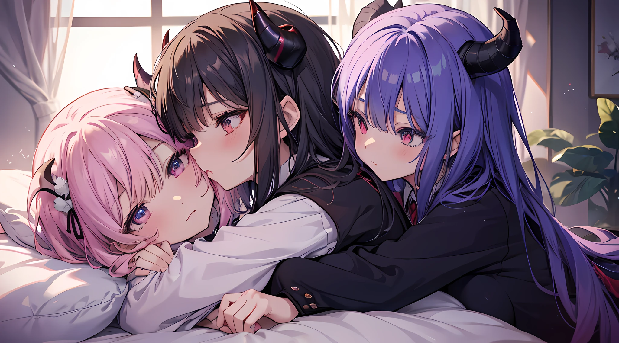anime image of two demon girls in Hogwarts academy uniforms hugging on a bed, demon horns, touching breast, groping, two beautiful anime girls, seductive anime girl, 4k anime wallpaper, artwork in the style of guweiz, anime wallpaper 4k, anime wallpaper 4 k, ecchi anime style, lesbian art, smooth anime cg art, anime style 4k, kissing together cutely