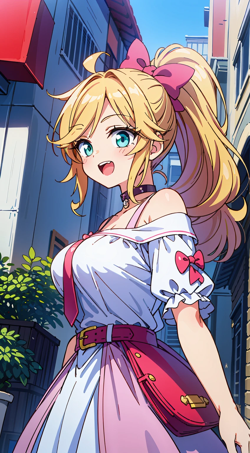(Absurd realistic structure details),(High resolution complex and detailed text quality),(High-resolution microstructure、High Poly 3D Rendering Correction),Methods of geometry,Careful explanatory anatomy, 

BREAK,



1 beautiful girl, girl with, (Cute:1.5),(Chibi:0.5),(kawaii:2.0),(Lori:2.0),( girl),(large full breasts:1.65),(Ahoge,High Ponytail,Blonde hair, blue bow, Green eyes,eyebrows visible through hair,side locks,Parted bangs,Long hair, Hair Flower, Hair Ornament, Curly hair,Bow:1.4),:D,(Angel,White feathers, one white winged, Angel wings,Spread wings, Glowing wings),pitt \(Kid Icarus\),gleaming skin, Clear skin, shining beautiful skin, Open mouth,Smile, Solo, tusk, Upper teeth,(long eyelashes, Double eyelids:1.2),Solo,gleaming skin, Clear skin, Beautiful skin,(best quality face),(Top quality glowing eyes),(The best smile,Doya face:1.45),  BREAK (Pink Theme:1.4), (Vivid colors:1.3), (off shoulder shirt, White shirt, Puffy Short Sleeves:1.3), Belt bag,(Skirt, with floral pattern:1.2),tie,(lace-up boots:1.1), 

BREAK,(early evening),Walking,a closed mouth,(architecture, building, Choker, city, Cityscape, Outdoors, potted plant,Street, Town:1.55), Waterfall,depth of fields,

 BREAK,wakame,wakame,wakame,(Dynamic Angle:1.4), 

BREAK,(Blurry background:1.3),(absurderes, hight resolution, Super Detail Art),cel shading,Clear Color, Lonely optical effect, Beautiful pictures, Bright glow, mystic atmosphere,(Close-up of girl:1.1), Mystical light particle effect,manga influence, clean line drawings,