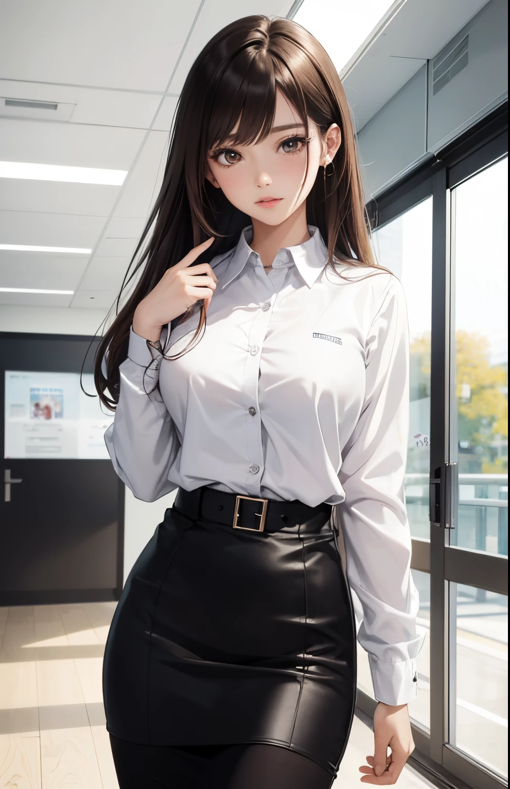 (masterpiece: 1.3), (max resolution: 1.2), (Ultra HDTV: 1.2), cinema light, Ultra HDTV, BREAK, absurderes, top-quality、hight resolution, modern office, indoor, hallway, High-quality images、8K, 1 woman、skin gloss、Texture of skin and clothing、Detailed eye expression、Lustrous hair, girl with long brown hair, Manga inspired by Lee Jong-suk, trending on deviantart, Realism, detailed manga style, manga art style, perfect lineart, beautiful line art, digital manga art girl, kpop idol, detailed brown eyes, plump lips, detailed gorgeous face, (perfectly detailed face), (well detailed hand), natural cheeks, seductive, innocent, glowing skin, photorealistic image, depth of field, japanese hime cut hairstyle, cowboy shot, upper body, perfect body, ((wearing suit jacket, collared shirt long sleeves, casual pencil skirt)), standing position, id card lanyard
