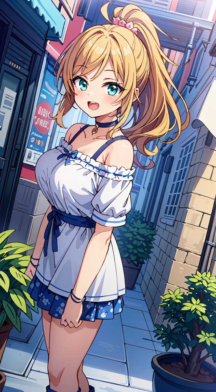 Highest quality,masterpiece,8k,Anime Style,Blondehair,pinkhair with blue eyes、camisole、race,White tight camisole, detailed armpit, portrait, side boob, micromini skirt,Cleavage,Side view,Large Breasts、,(looking back),bare back,sidetie panties,NSFW, Twin tails、Cute eyes,Sun hat(Sun hat),Japanese Festivals,Stall,evening,Smooth thighs,Accentuate your breasts,
