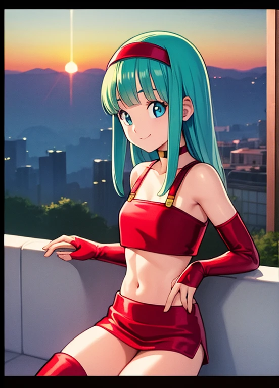 masterpiece, best quality, highest quality, photorealistic, perfect anatomy, perfect face, perfect eyes,
aqua hair, brabulladbgt, red hairband, red gloves, red crop top,  blue eyes, skirt, hoop earrings, choker, solo, 1 girl, city, outdoors, sexy pose, smile, sunset