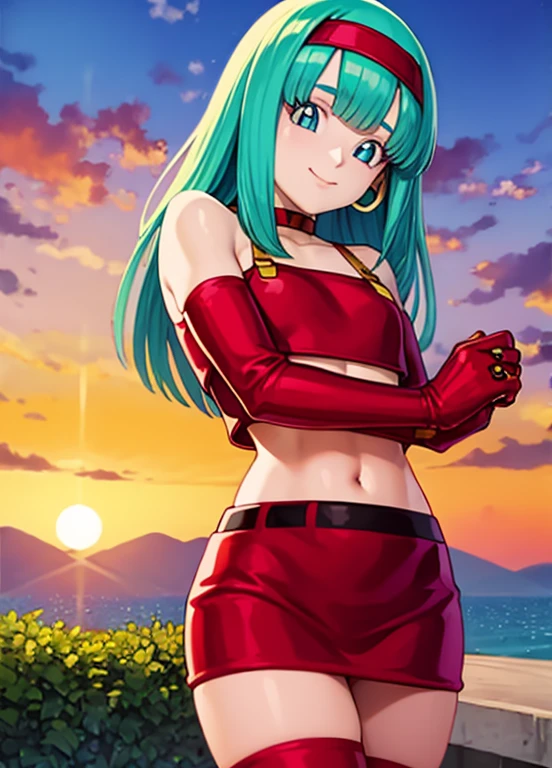 masterpiece, best quality, highest quality, photorealistic, perfect anatomy, perfect face, perfect eyes,
aqua hair, brabulladbgt, red hairband, red gloves, red crop top,  blue eyes, skirt, hoop earrings, choker, solo, 1 girl, city, outdoors, sexy pose, smile, sunset