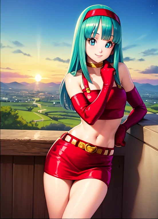 masterpiece, best quality, highest quality, photorealistic, perfect anatomy, perfect face, perfect eyes,
aqua hair, brabulladbgt, red hairband, red gloves, red crop top,  blue eyes, skirt, hoop earrings, choker, solo, 1 girl, city, outdoors, sexy pose, smile, sunset