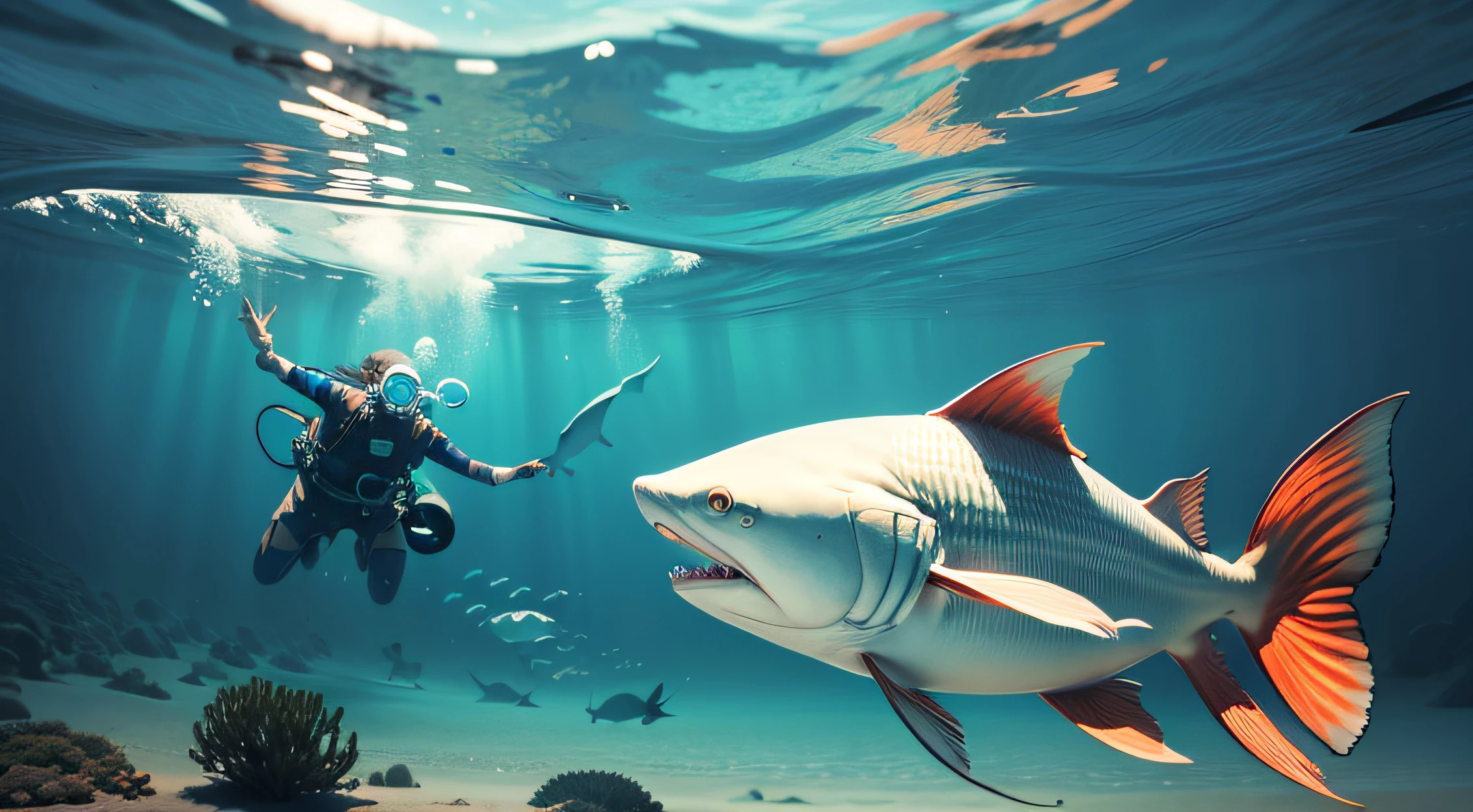 Humans swiming with the underwater fish and sharks